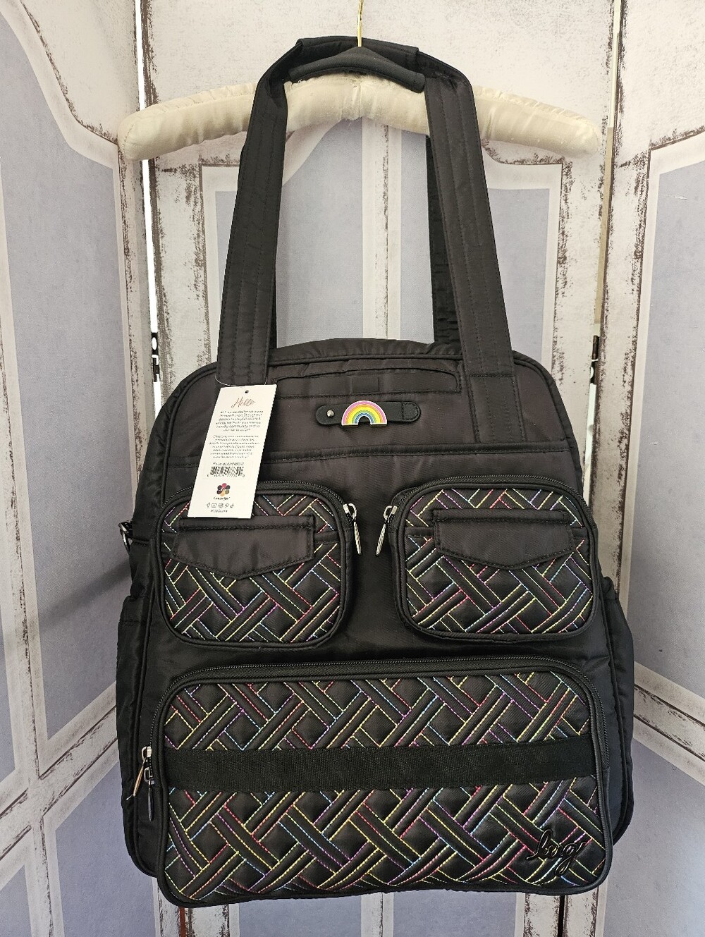 $160 Retail NWT Lug Rainbow Black Puddle Jumper Travel Tote Weekender  Crossbody